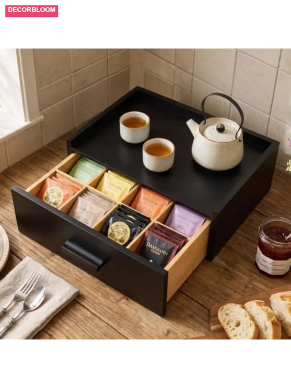 Bamboo Tea Bag Organizer Box with Drawer for Counter, 8 Compartments, Storage